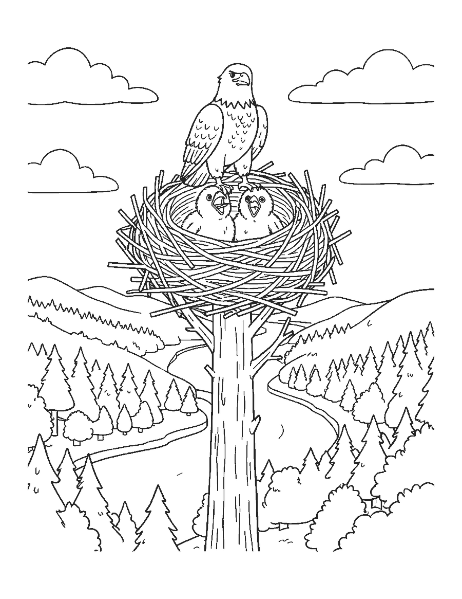 Line drawing of a bald eagle and two fluffy eaglets in a big stick nest atop a pine tree