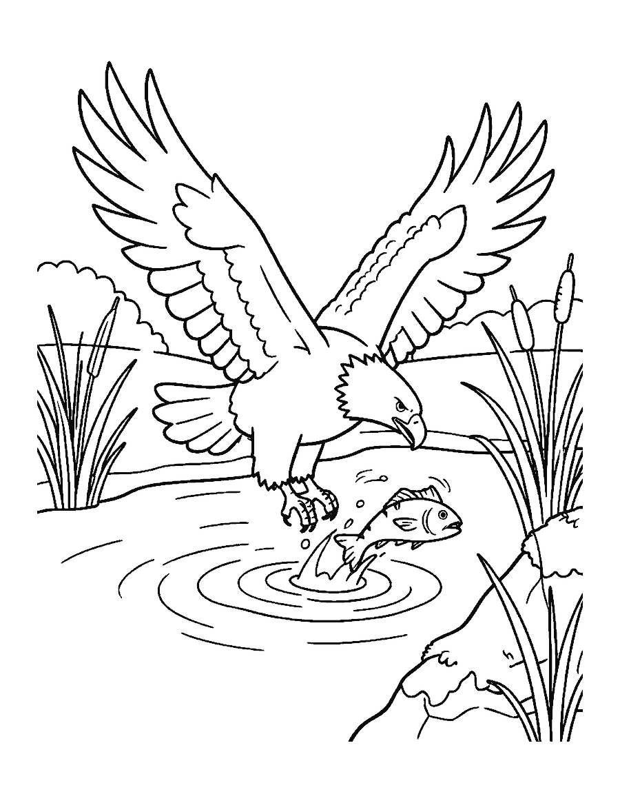 Line drawing of a bald eagle swooping over a river with its talons reaching for a fish