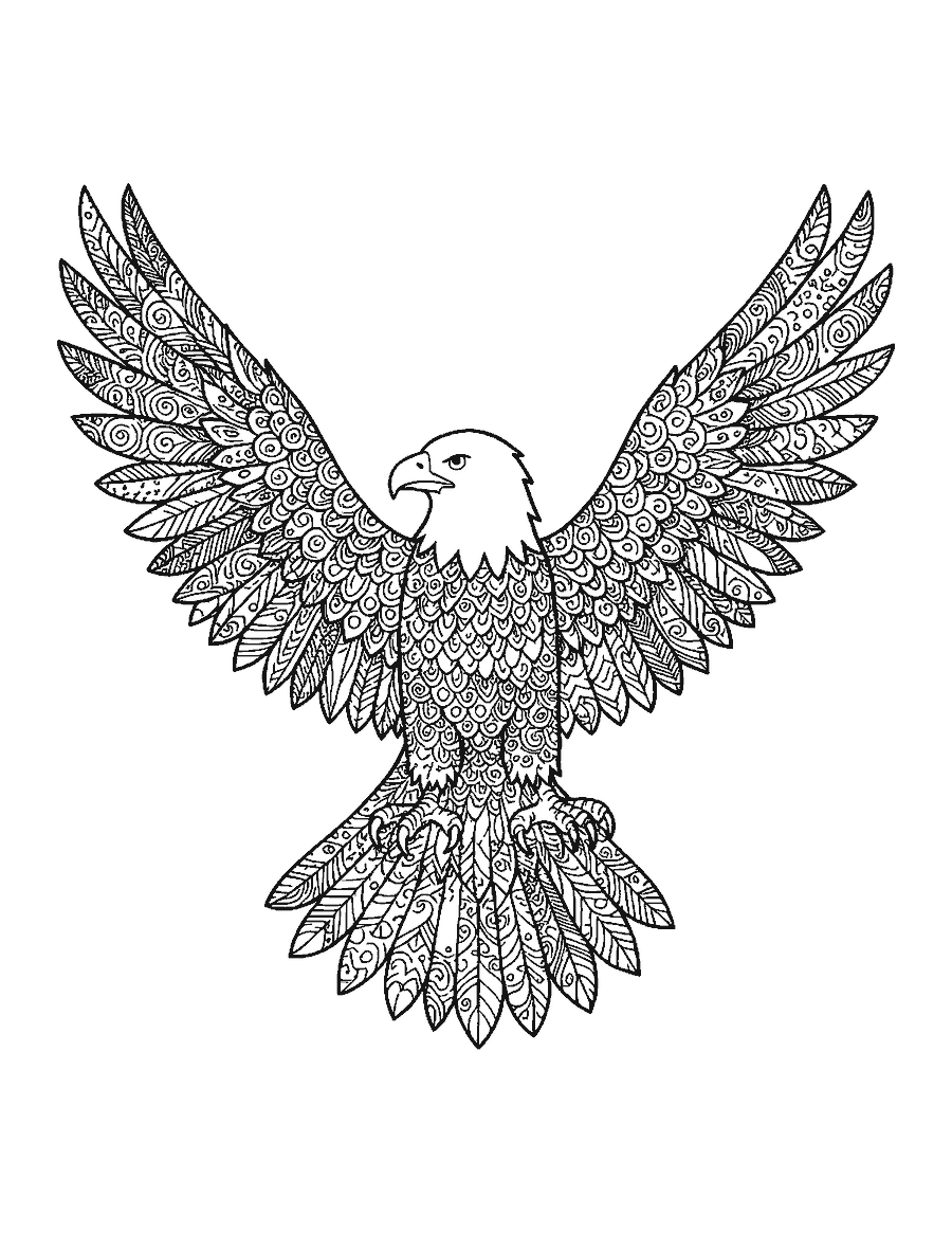 Line drawing of a bald eagle with spread wings whose feathers are filled with doodle patterns