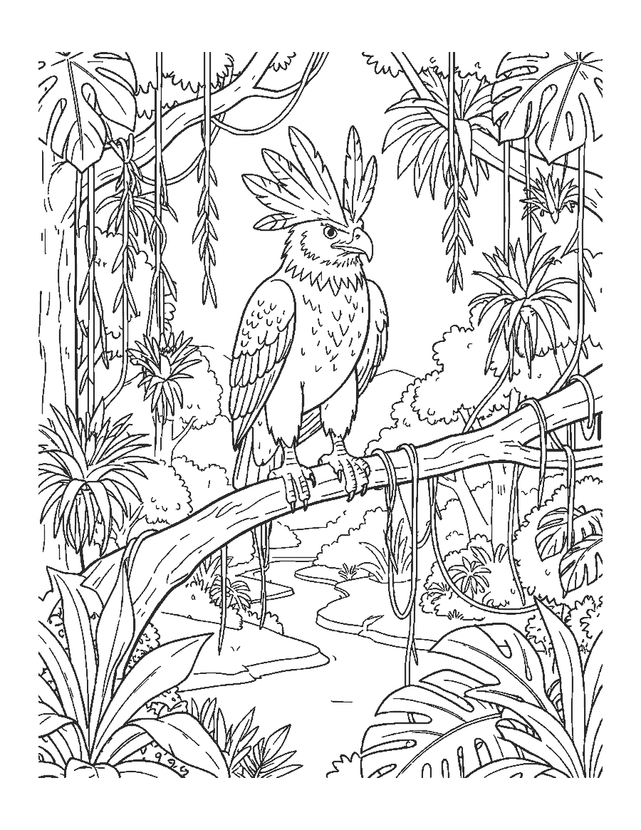 Line drawing of a crested harpy eagle perched high on a rainforest branch among vines