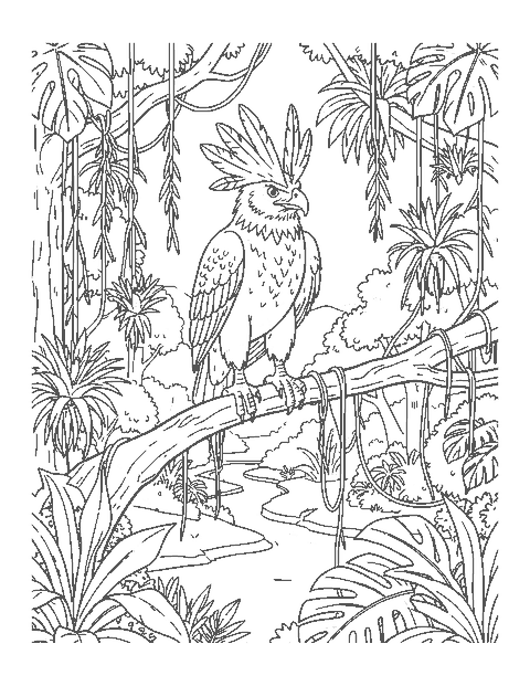 Line drawing of a crested harpy eagle perched high on a rainforest branch among vines