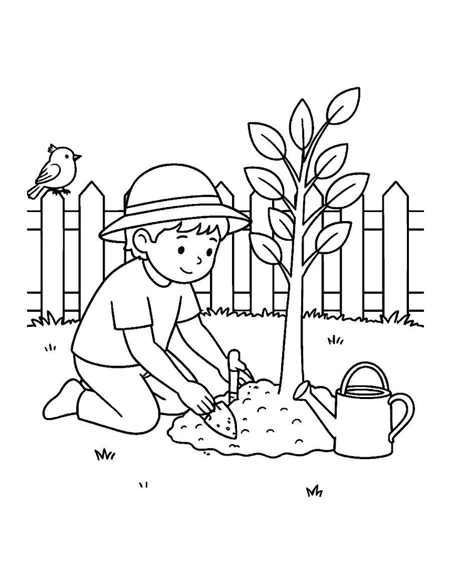 Line drawing of a child planting a young tree with a shovel and watering can nearby