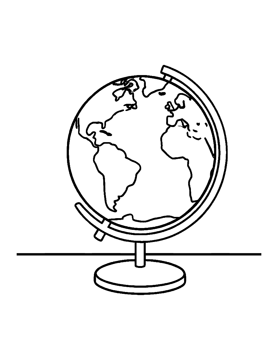 Line drawing of a desk globe with simple continents on a curved stand