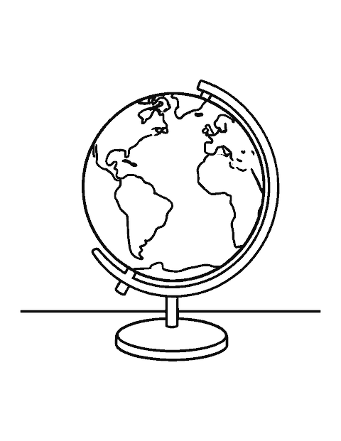 Line drawing of a desk globe with simple continents on a curved stand