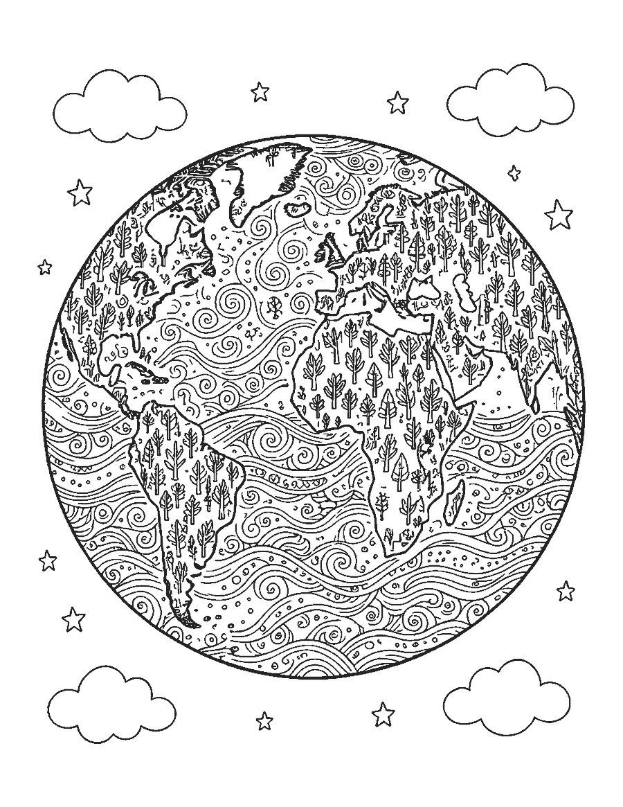 Line drawing of planet Earth with continents and oceans filled with doodle patterns
