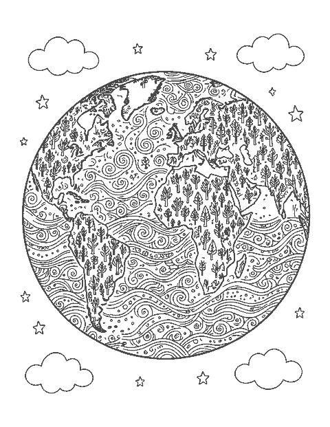 Line drawing of planet Earth with continents and oceans filled with doodle patterns