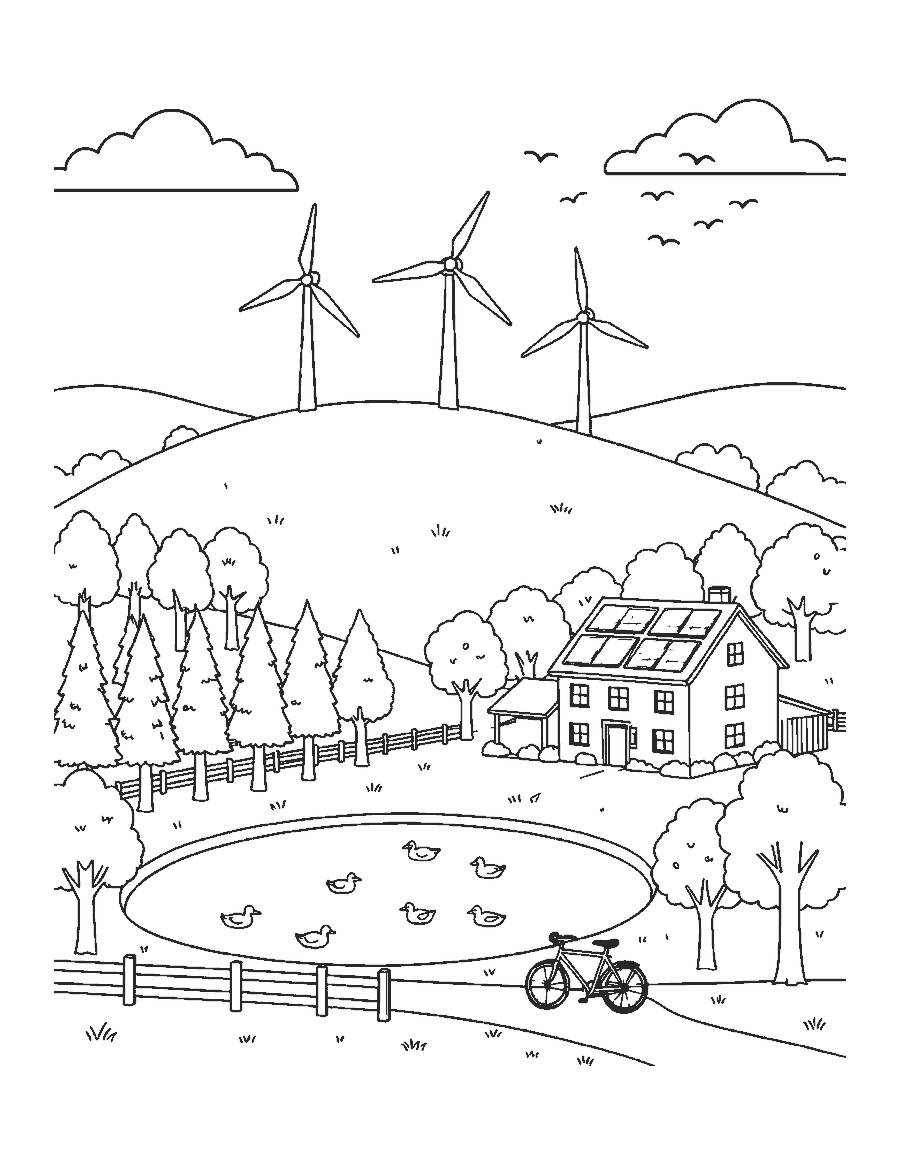 Line drawing of a valley with wind turbines, a farmhouse with solar panels and a duck pond