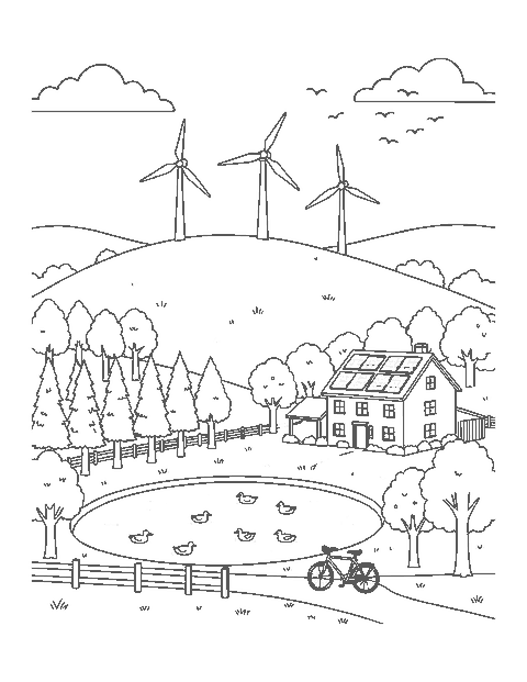 Line drawing of a valley with wind turbines, a farmhouse with solar panels and a duck pond