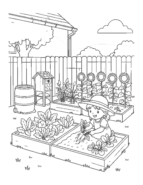 Line drawing of a backyard garden with raised beds, a rain barrel, a compost bin and a girl pulling carrots