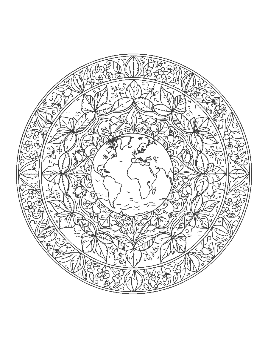 Line drawing of a mandala with Earth at the center ringed by leaves, waves, birds and fish
