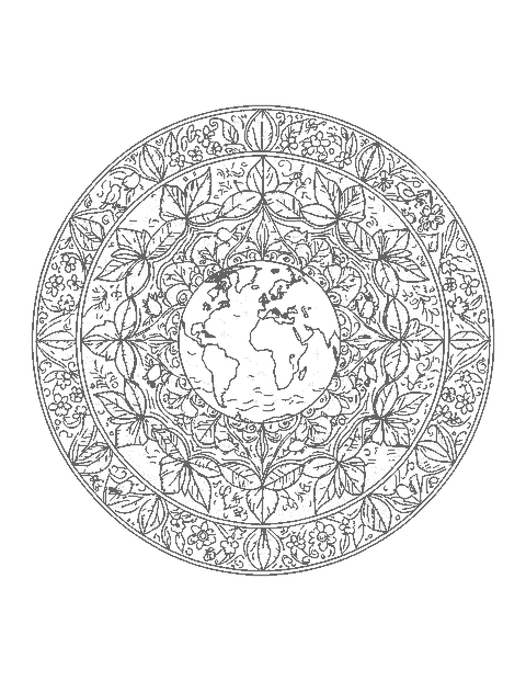 Line drawing of a mandala with Earth at the center ringed by leaves, waves, birds and fish