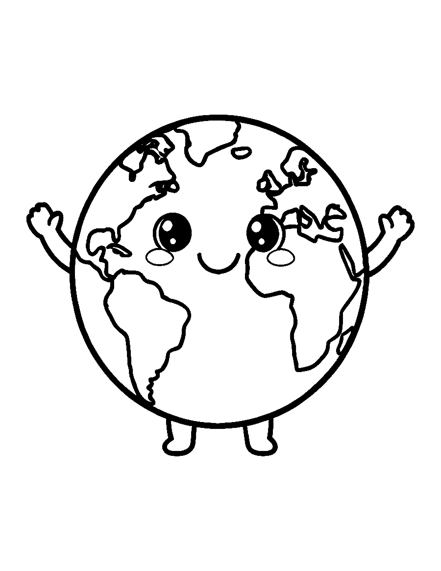 Line drawing of a cute smiling planet Earth with simple continents and tiny waving arms