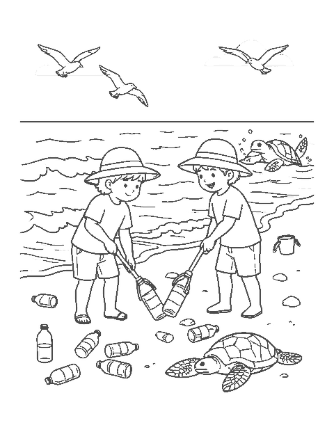 Line drawing of two children picking up litter on a beach with a sea turtle and gulls