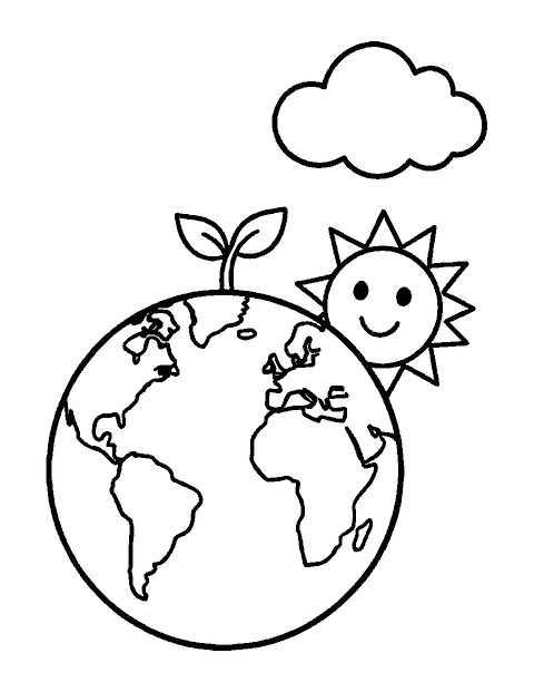 Line drawing of a round Earth with a small two-leaf sprout growing from the top and a sun