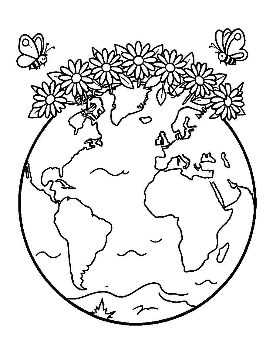 Line drawing of planet Earth wearing a crown of daisies with butterflies and a bee