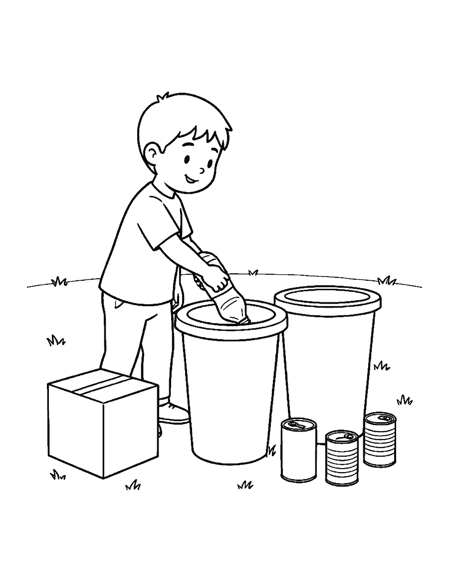 Line drawing of a boy dropping a bottle into one of three plain recycling bins