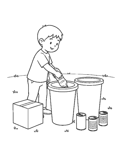 Line drawing of a boy dropping a bottle into one of three plain recycling bins