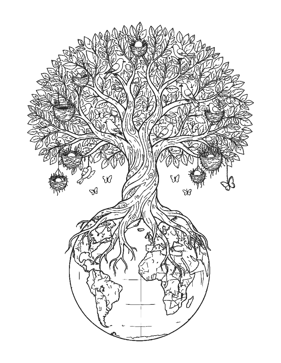 Line drawing of a large leafy tree growing from a globe with its roots wrapped around it