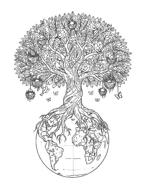 Line drawing of a large leafy tree growing from a globe with its roots wrapped around it