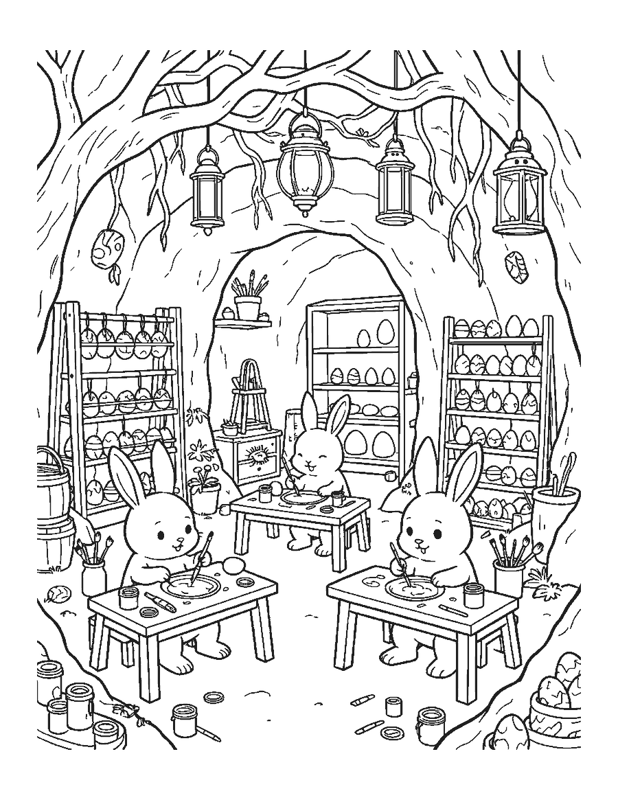 Line drawing of bunnies painting eggs at workbenches in an underground burrow