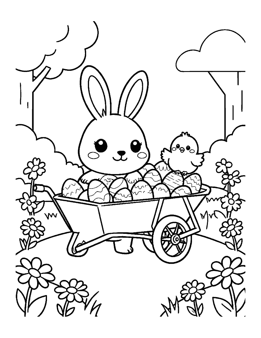 Line drawing of a cute bunny pushing a wheelbarrow of eggs with a chick on top