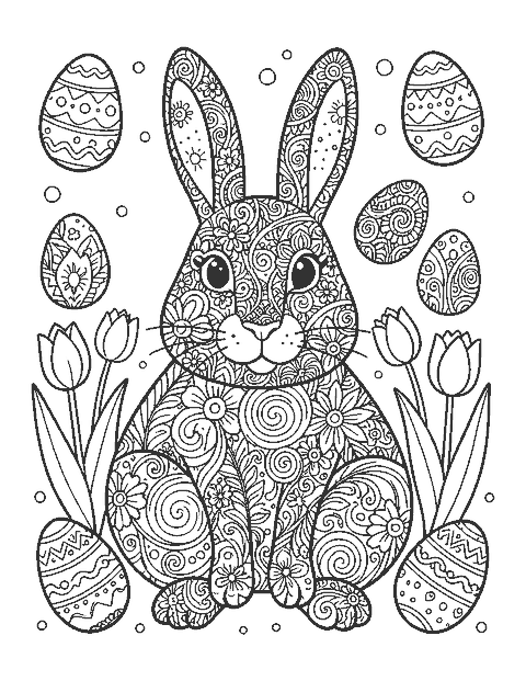 Line drawing of a sitting bunny filled with floral doodle patterns