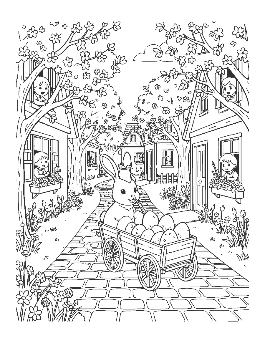 Line drawing of the Easter Bunny pulling a cart of eggs through a village