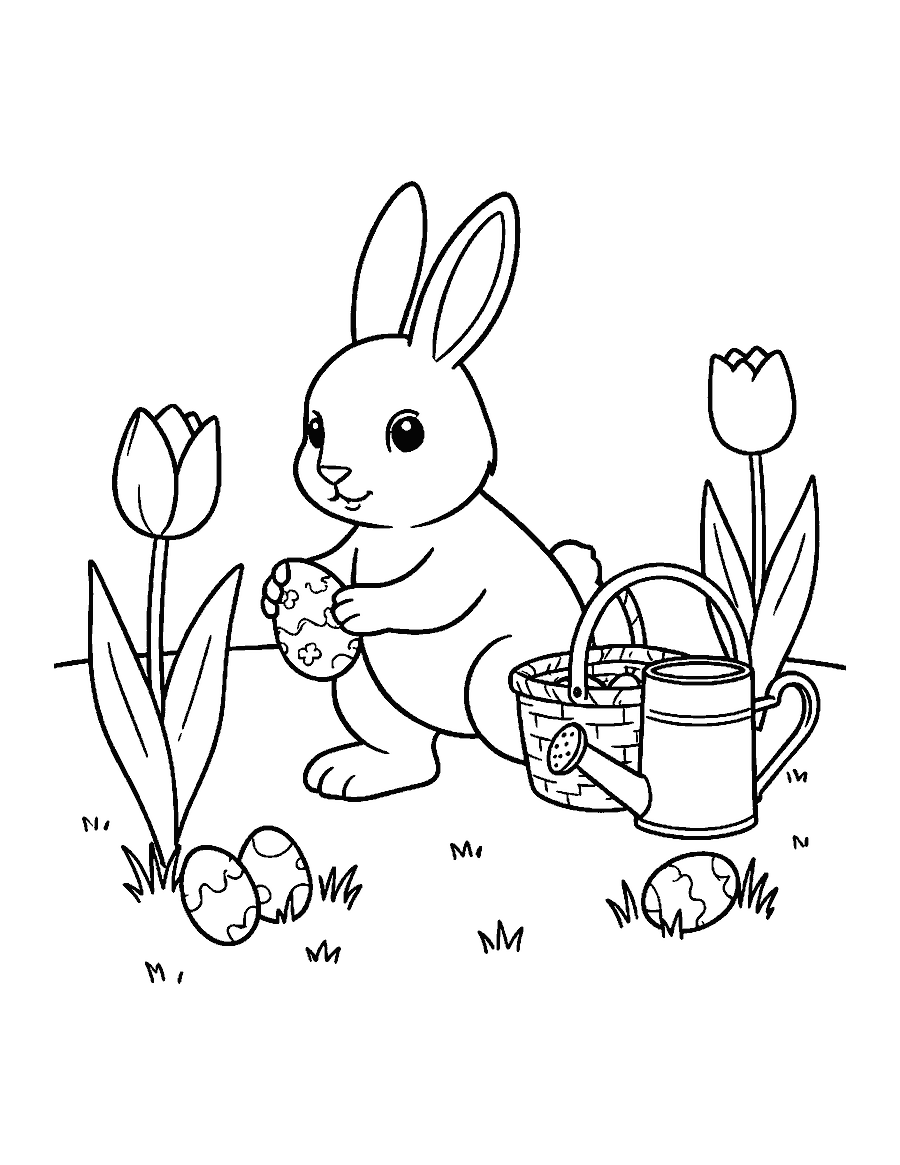 Line drawing of the Easter Bunny hiding an egg under a tulip in a garden