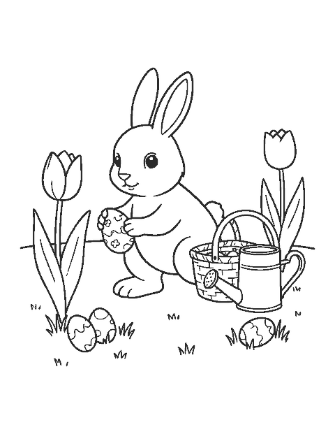 Line drawing of the Easter Bunny hiding an egg under a tulip in a garden