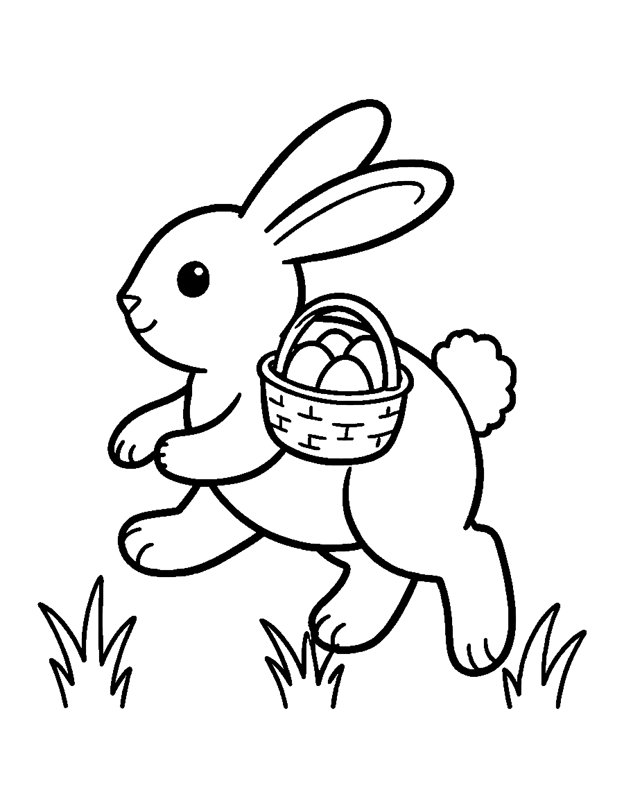 Line drawing of a bunny hopping in side view with a basket of eggs