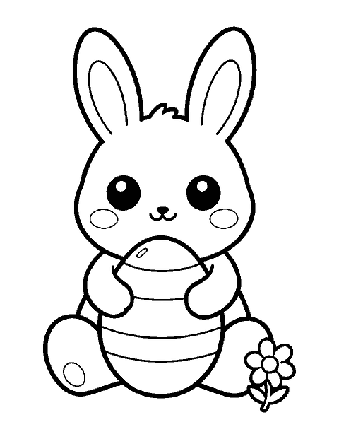 Line drawing of a cute bunny with big eyes hugging a striped Easter egg