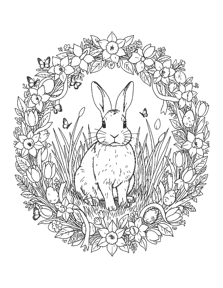 Line drawing of a realistic rabbit inside a wreath of spring flowers and eggs