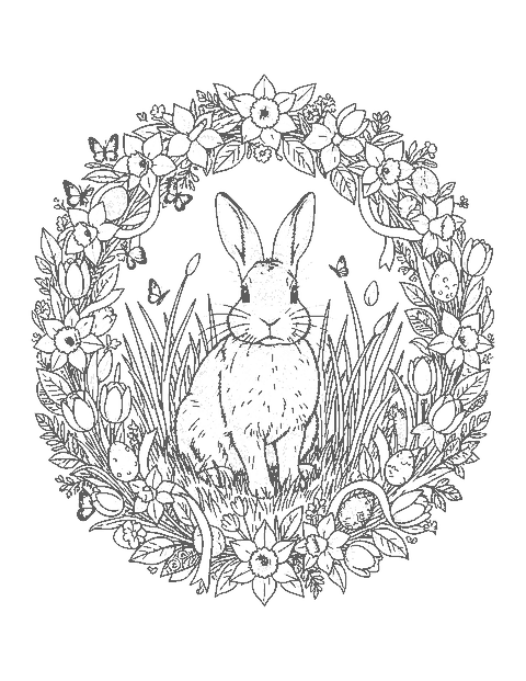 Line drawing of a realistic rabbit inside a wreath of spring flowers and eggs