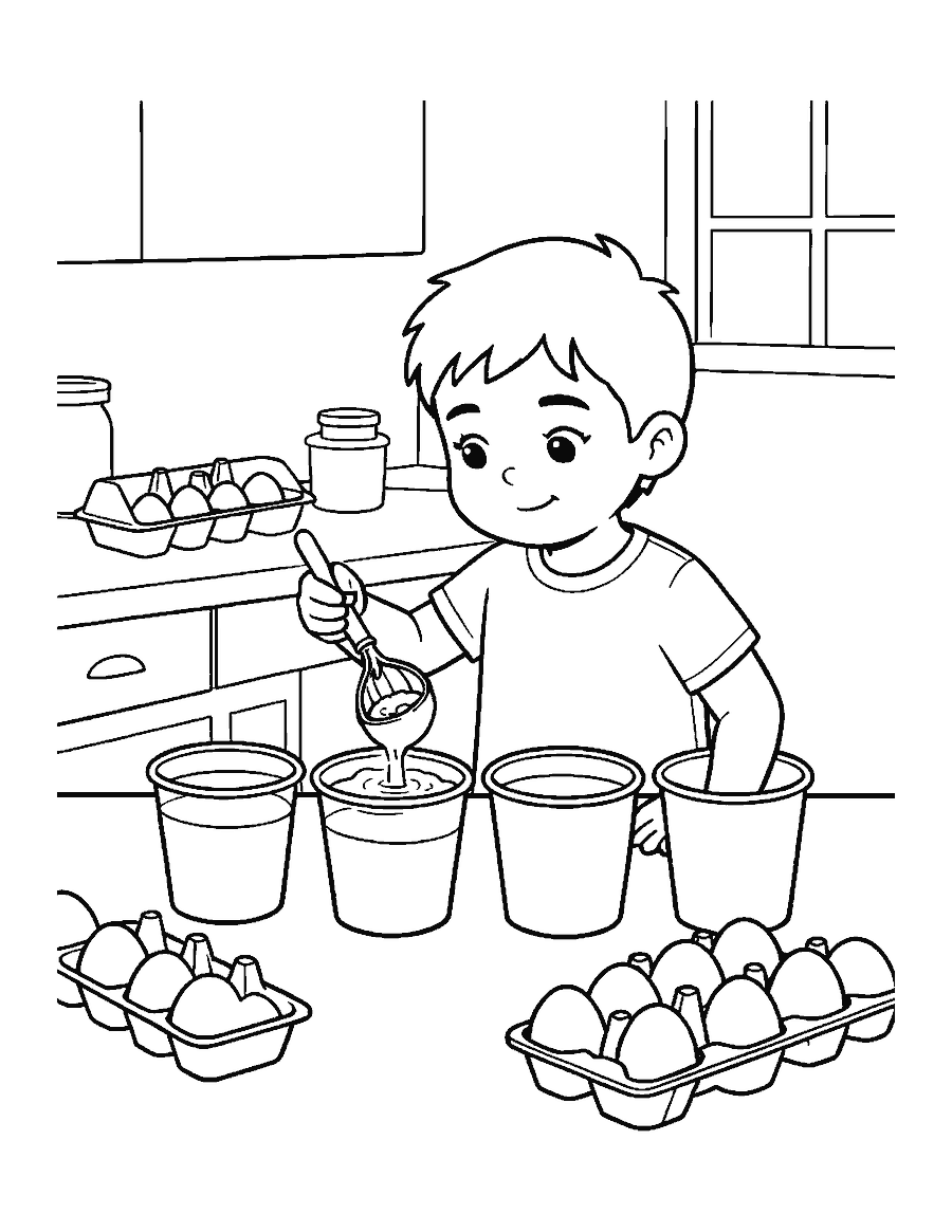 Line drawing of a child dipping an egg into cups of dye at a table