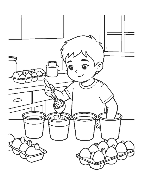 Line drawing of a child dipping an egg into cups of dye at a table