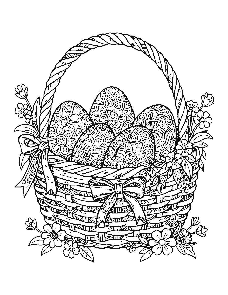 Line drawing of a basket of six eggs, each filled with a doodle pattern