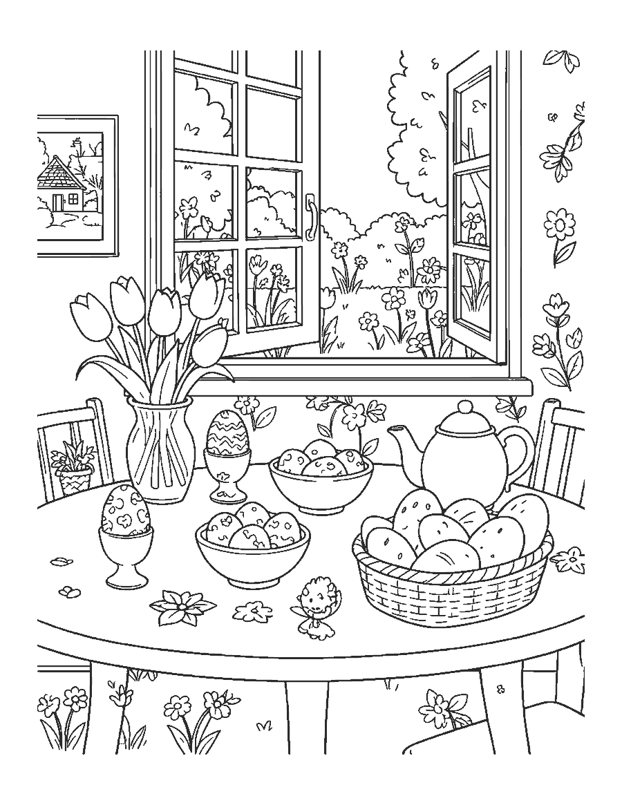Line drawing of a breakfast table with painted eggs, tulips and a teapot