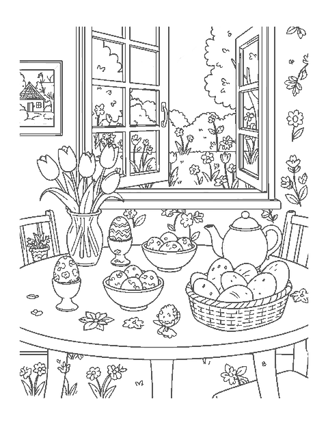 Line drawing of a breakfast table with painted eggs, tulips and a teapot