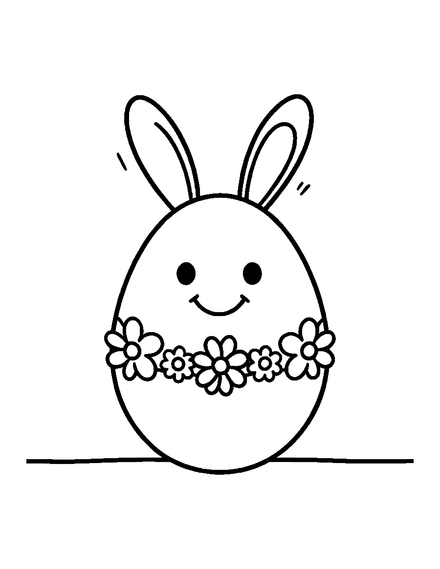 Line drawing of a smiling Easter egg with flowers and bunny ears