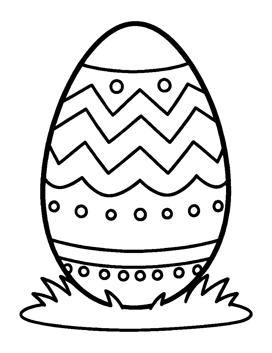 Line drawing of a big Easter egg with zigzag stripes and dots on grass