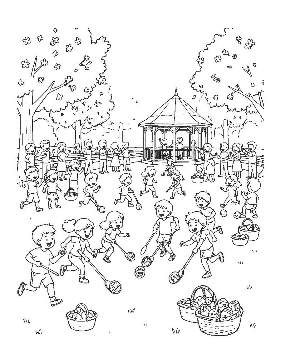 Line drawing of children rolling eggs with spoons across a park lawn