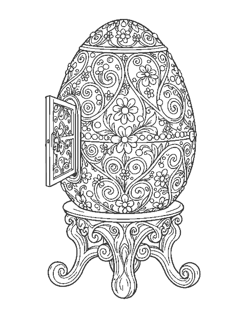 Line drawing of a jeweled egg with filigree and pearls on a carved stand