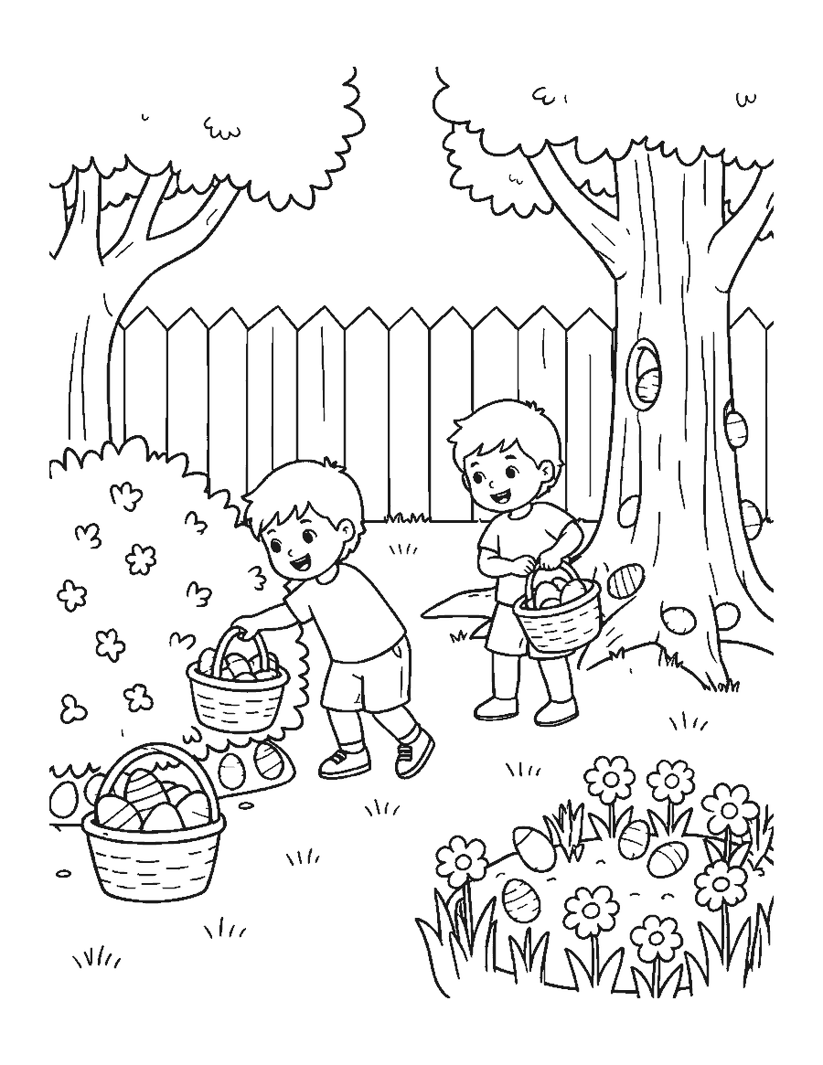 Line drawing of two children with baskets hunting for eggs in a backyard