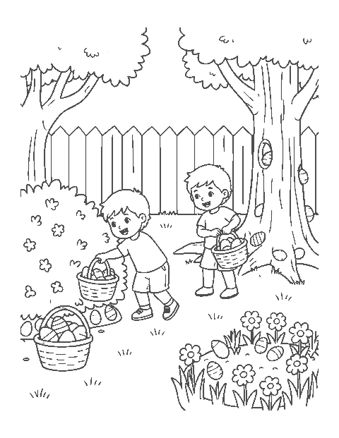 Line drawing of two children with baskets hunting for eggs in a backyard