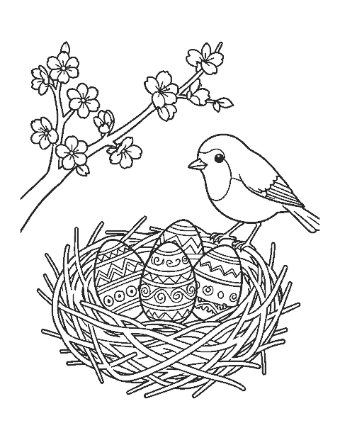 Line drawing of three patterned eggs in a nest on a branch with a robin