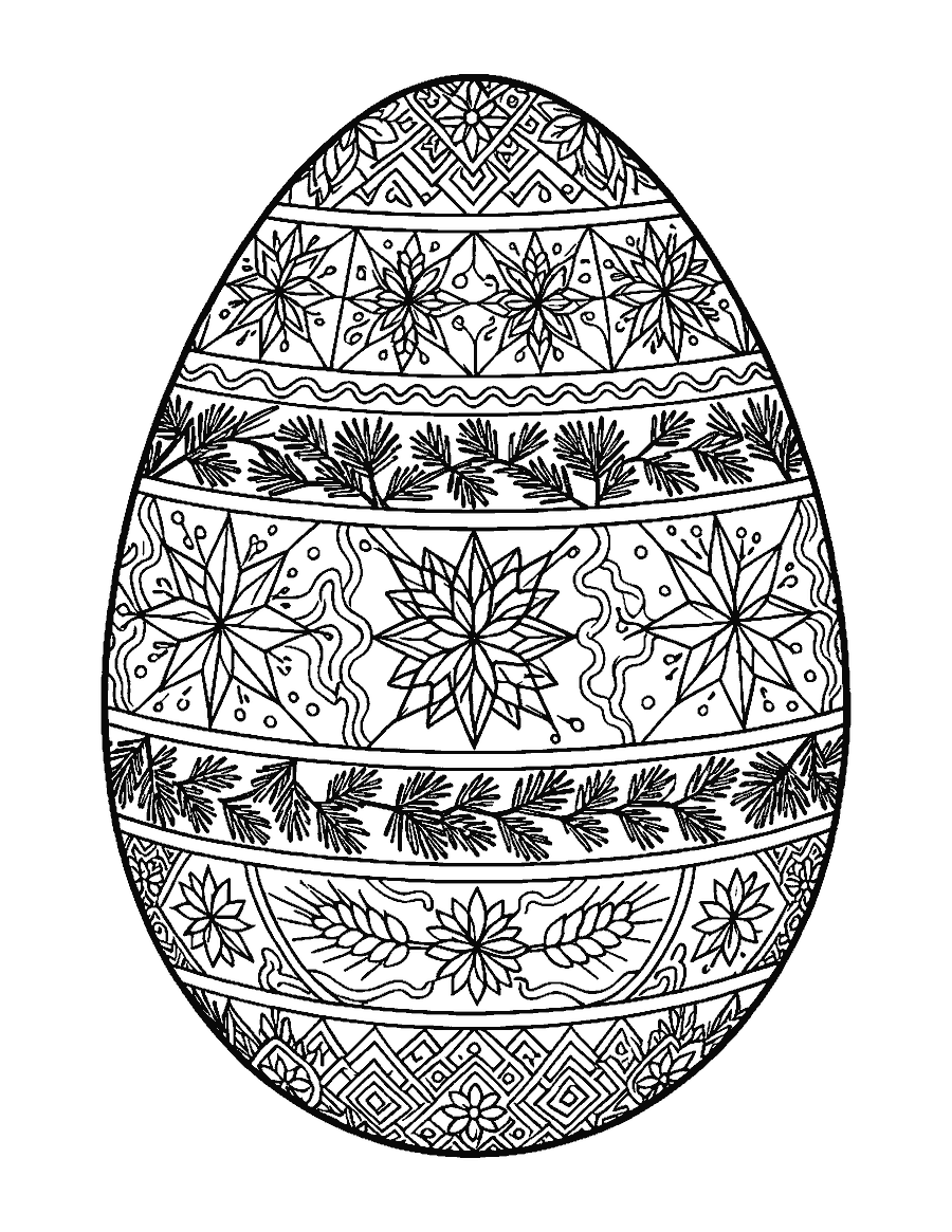 Line drawing of a large egg with bands of folk patterns in pysanky style
