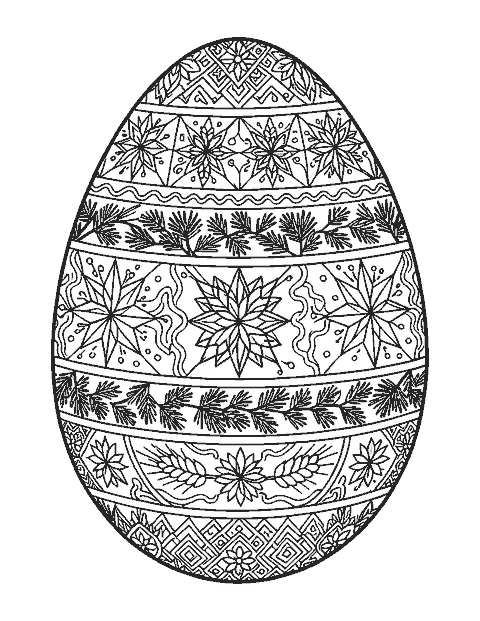 Line drawing of a large egg with bands of folk patterns in pysanky style