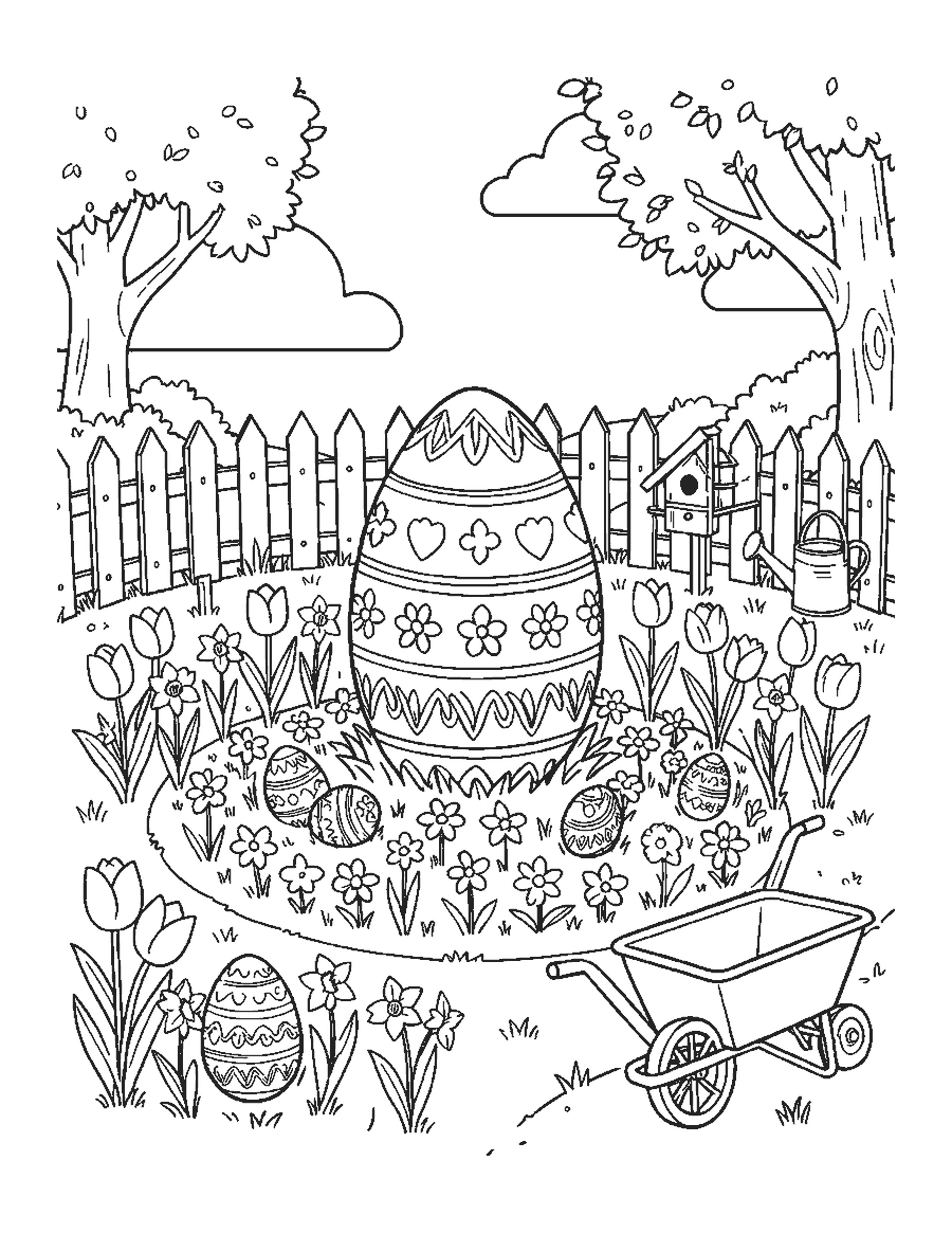 Line drawing of a garden with a giant egg and small eggs hidden among tulips