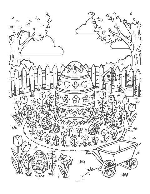 Line drawing of a garden with a giant egg and small eggs hidden among tulips