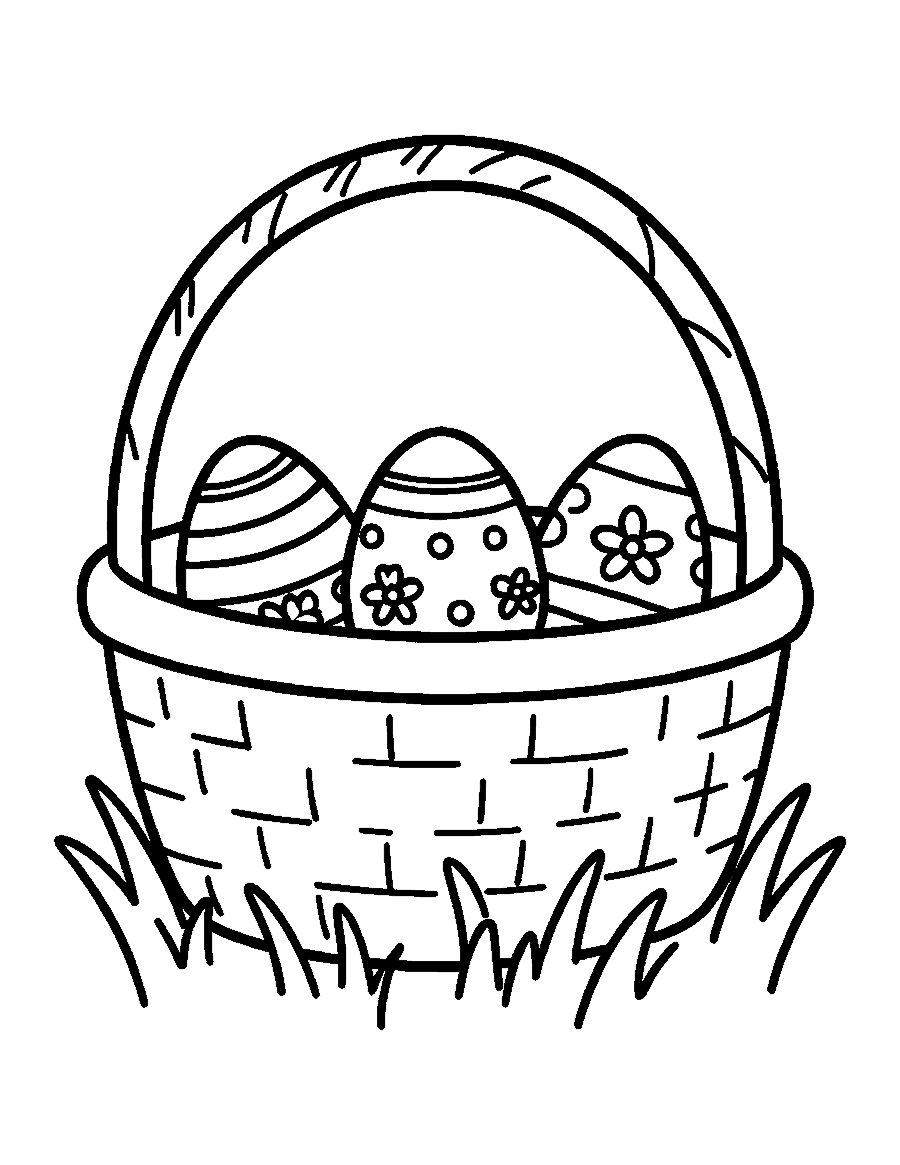 Line drawing of a small basket holding three decorated Easter eggs